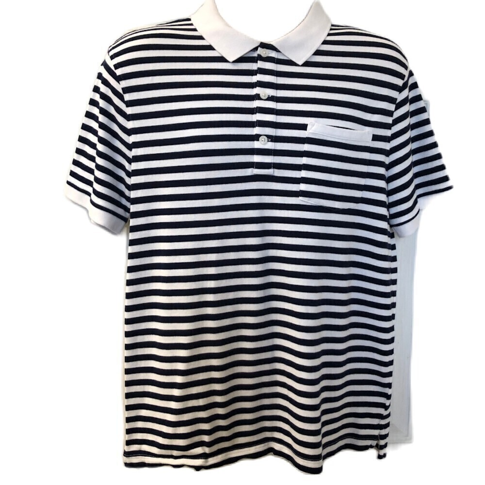 J Crew Authentic Men's Navy Blue Striped Polo Shirt Large Stretch Pique Knit